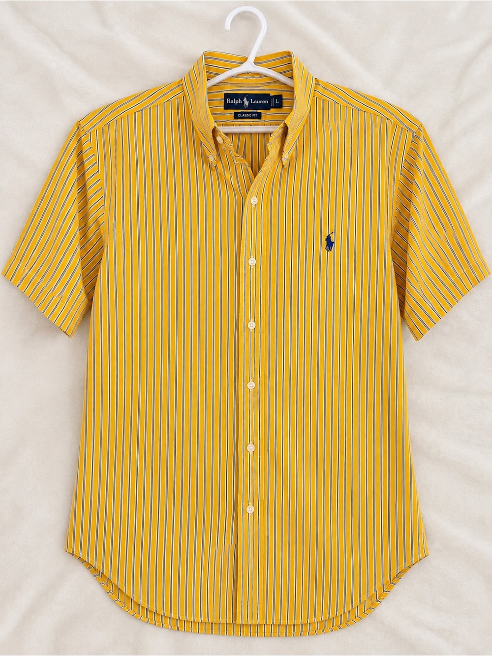 Ralph Lauren Yellow Stripe Short-Sleeve Button-Down with Navy Polo Logo